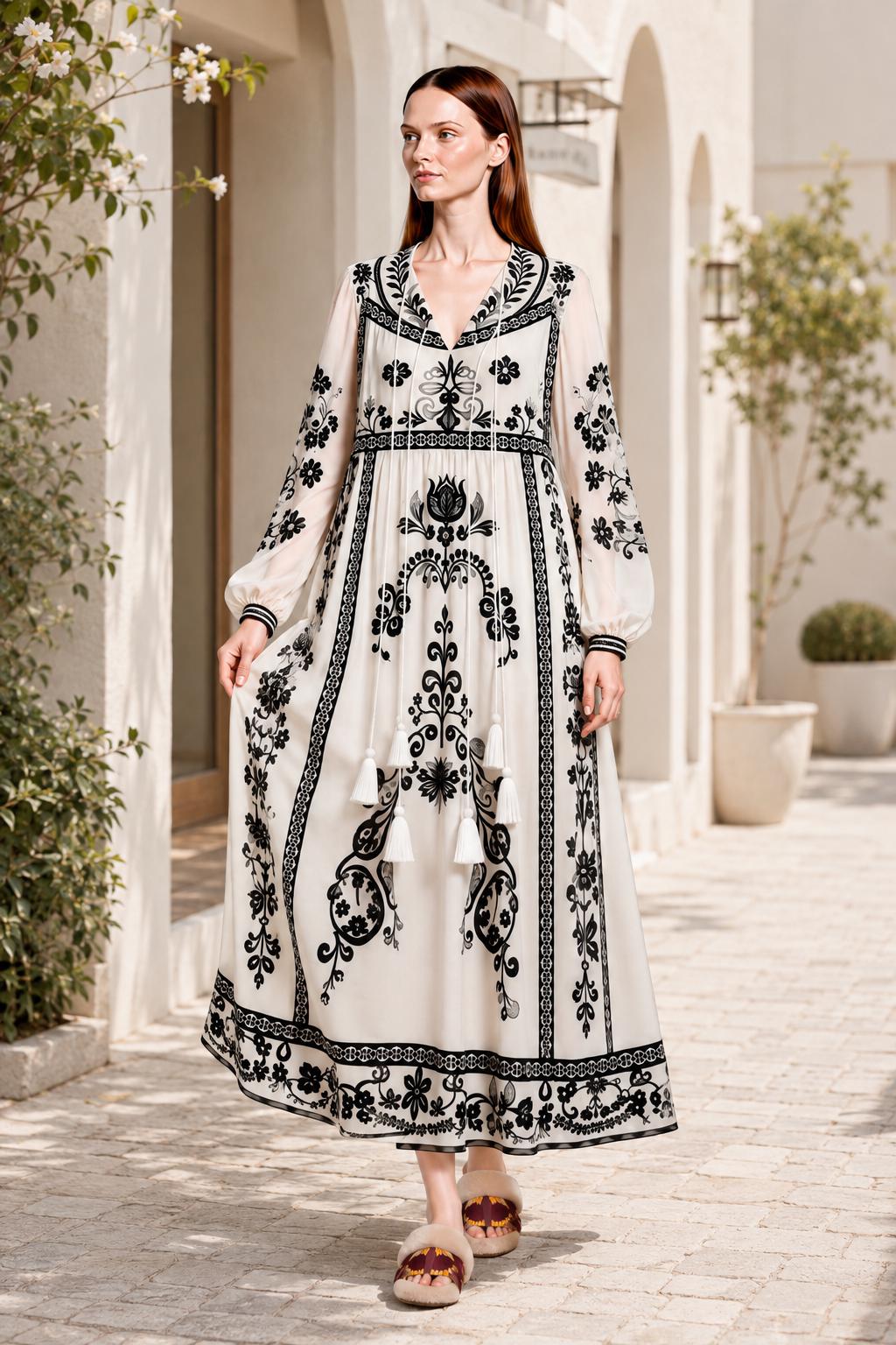 Ivory and Black Floral Maxi Dress with Long Sleeves and Border Print