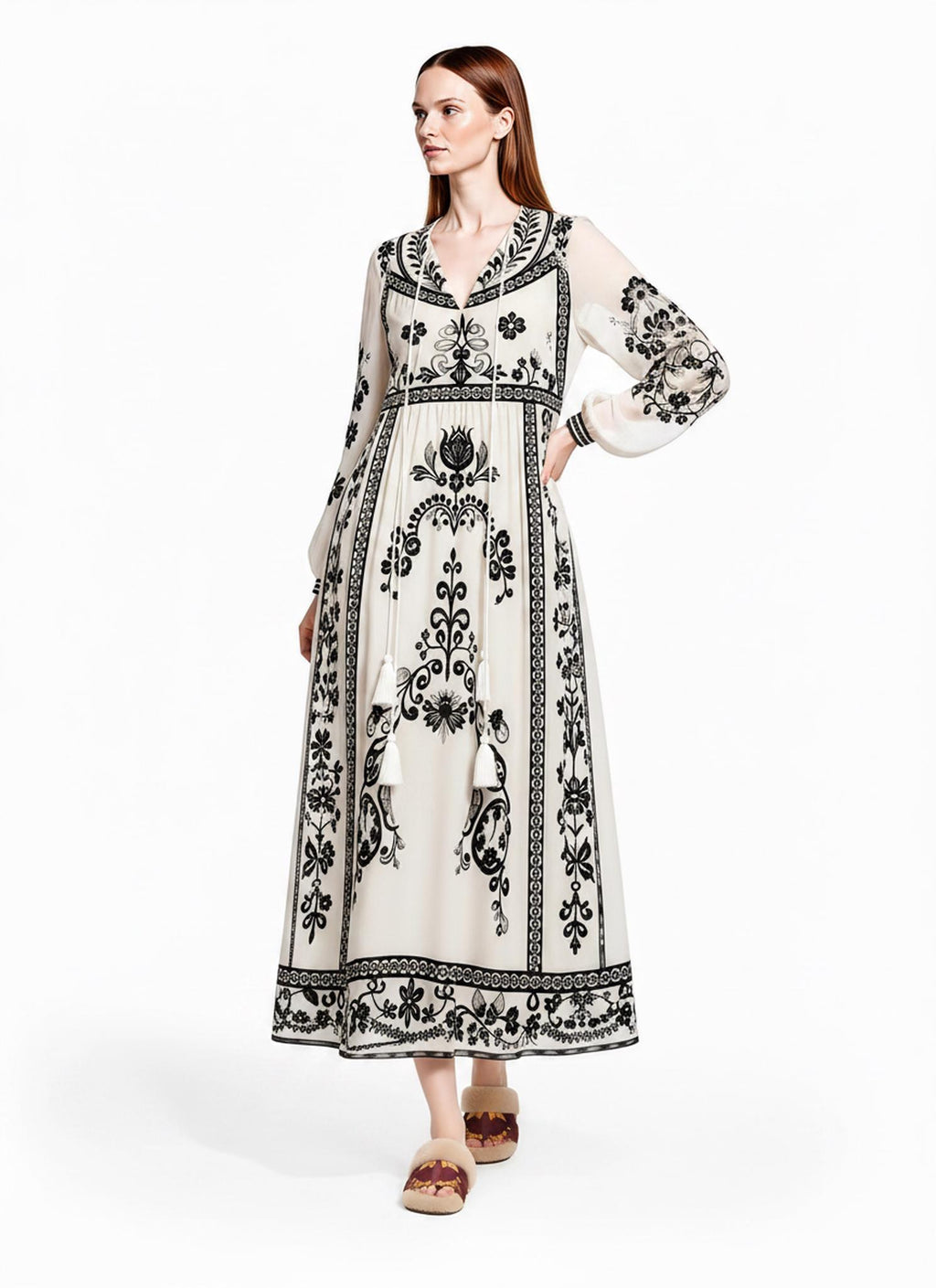 Ivory and Black Floral Maxi Dress with Long Sleeves and Border Print