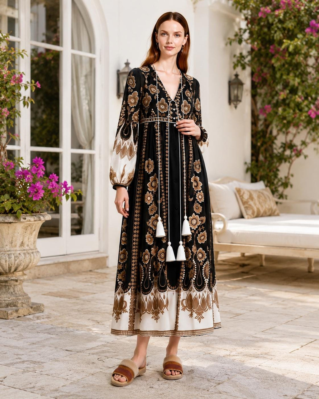 Black Brown Floral Maxi Dress, Sheer Long Sleeve Chiffon, Tassel Tie Resort Wear