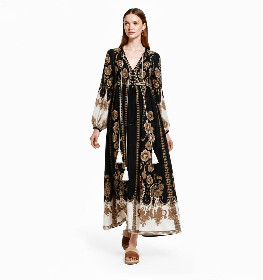 Black Brown Floral Maxi Dress, Sheer Long Sleeve Chiffon, Tassel Tie Resort Wear