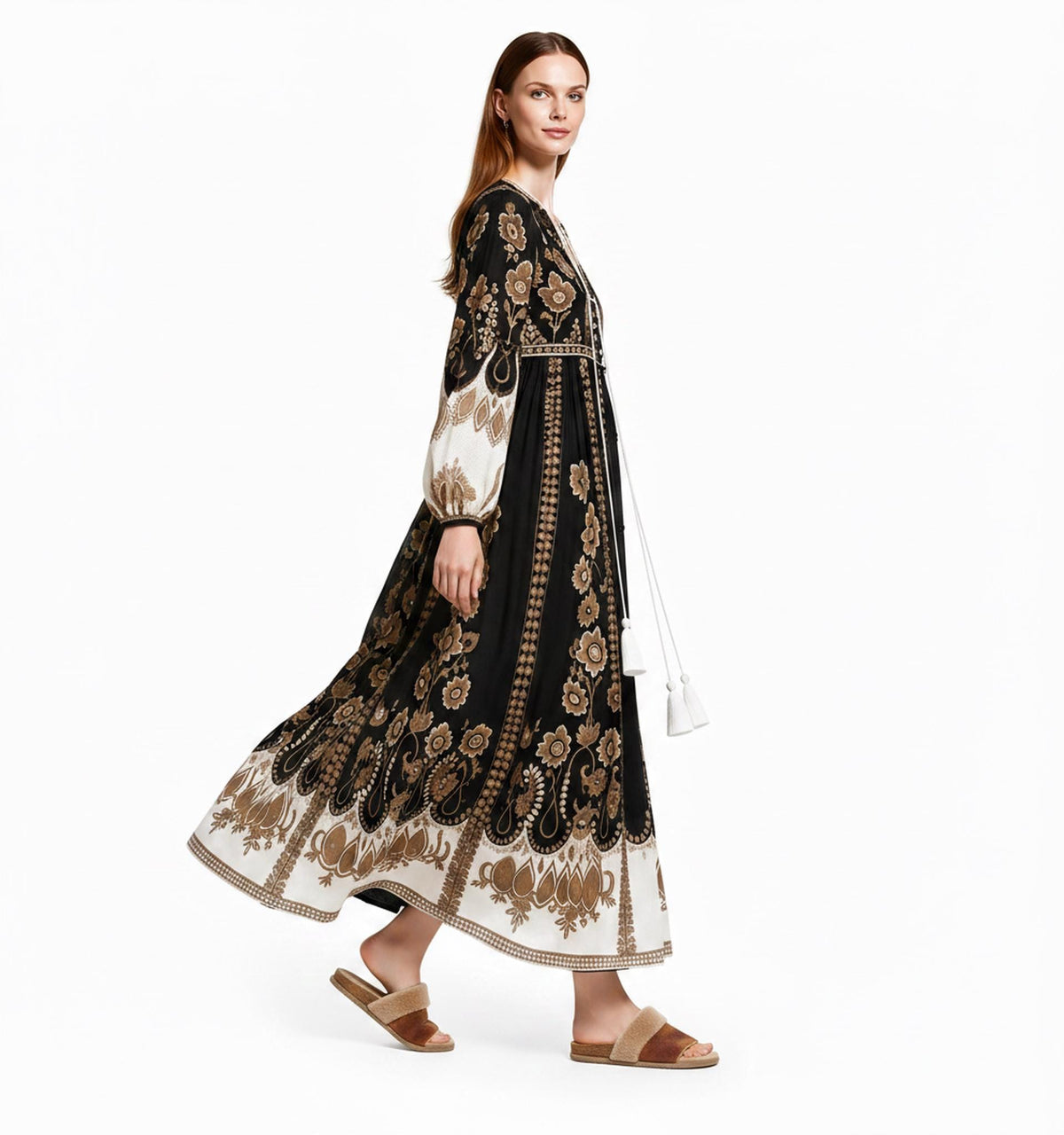 Black Brown Floral Maxi Dress, Sheer Long Sleeve Chiffon, Tassel Tie Resort Wear