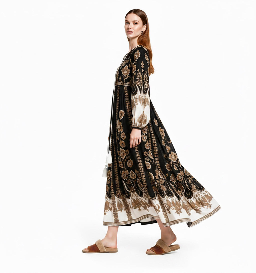 Black Brown Floral Maxi Dress, Sheer Long Sleeve Chiffon, Tassel Tie Resort Wear