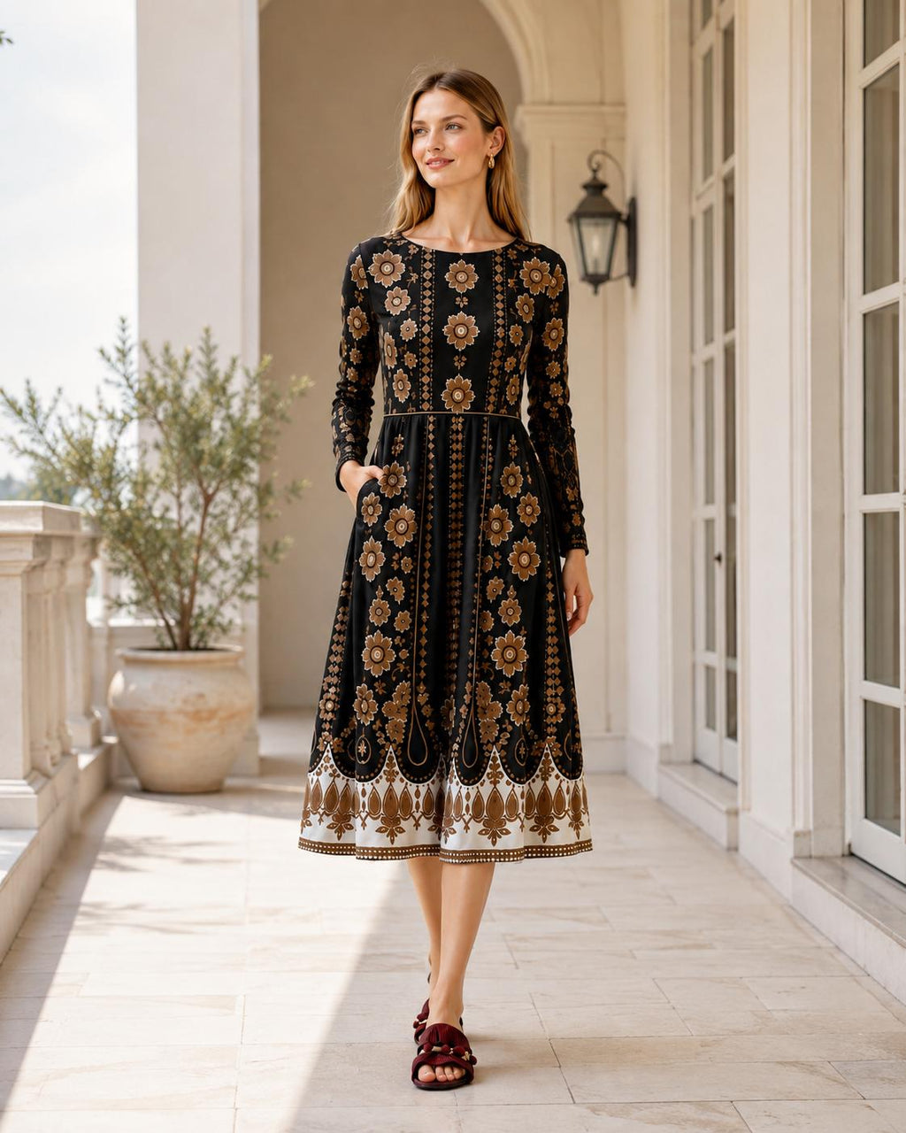 Black Brown Floral Midi Dress, Long Sleeve A-Line with Pockets, Modest Fall Outfit