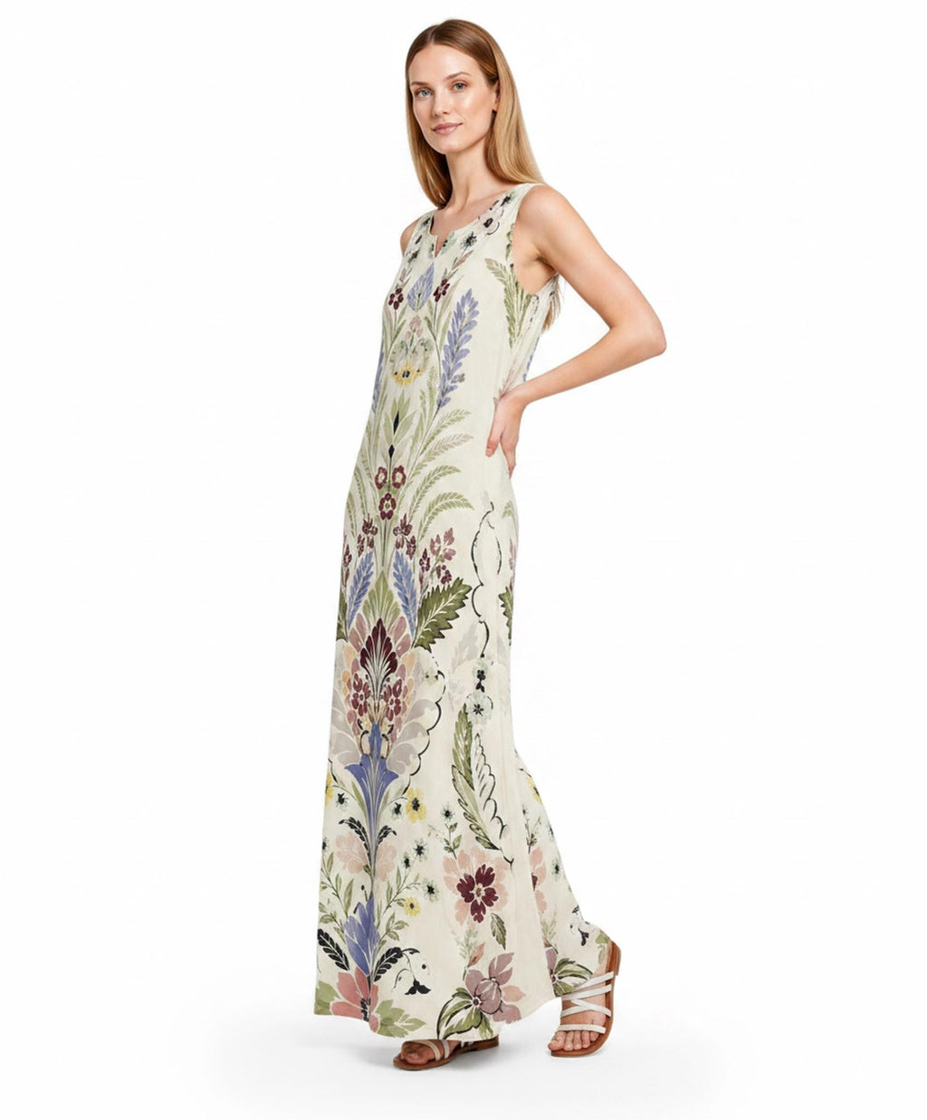 Ivory Floral Maxi Dress, Sleeveless Folk Print Dress with Pockets, Boho Botanical Style