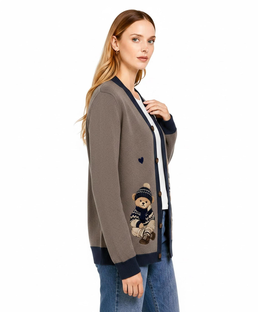 Teddy Bear Cardigan, Beige Knit Sweater with Bear Graphic, Cozy Button Front Style