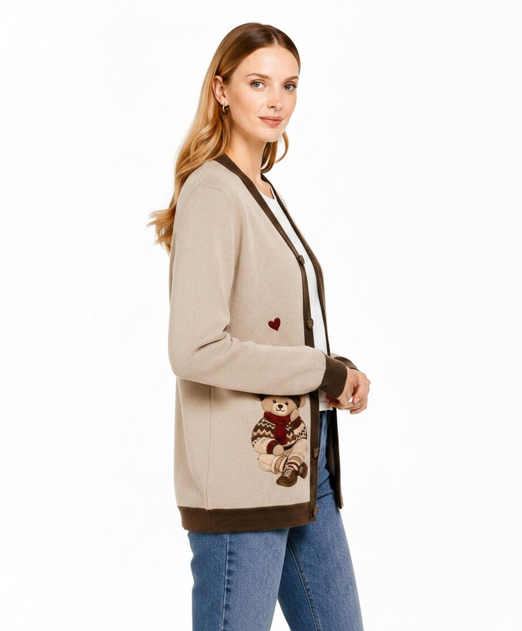 Teddy Bear Cardigan, Beige Knit Sweater with Bear Graphic, Cozy Button Front Style