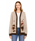 Teddy Bear Cardigan, Beige Knit Sweater with Bear Graphic, Cozy Button Front Style