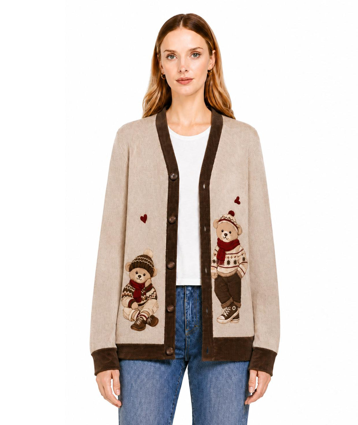 Teddy Bear Cardigan, Beige Knit Sweater with Bear Graphic, Cozy Button Front Style