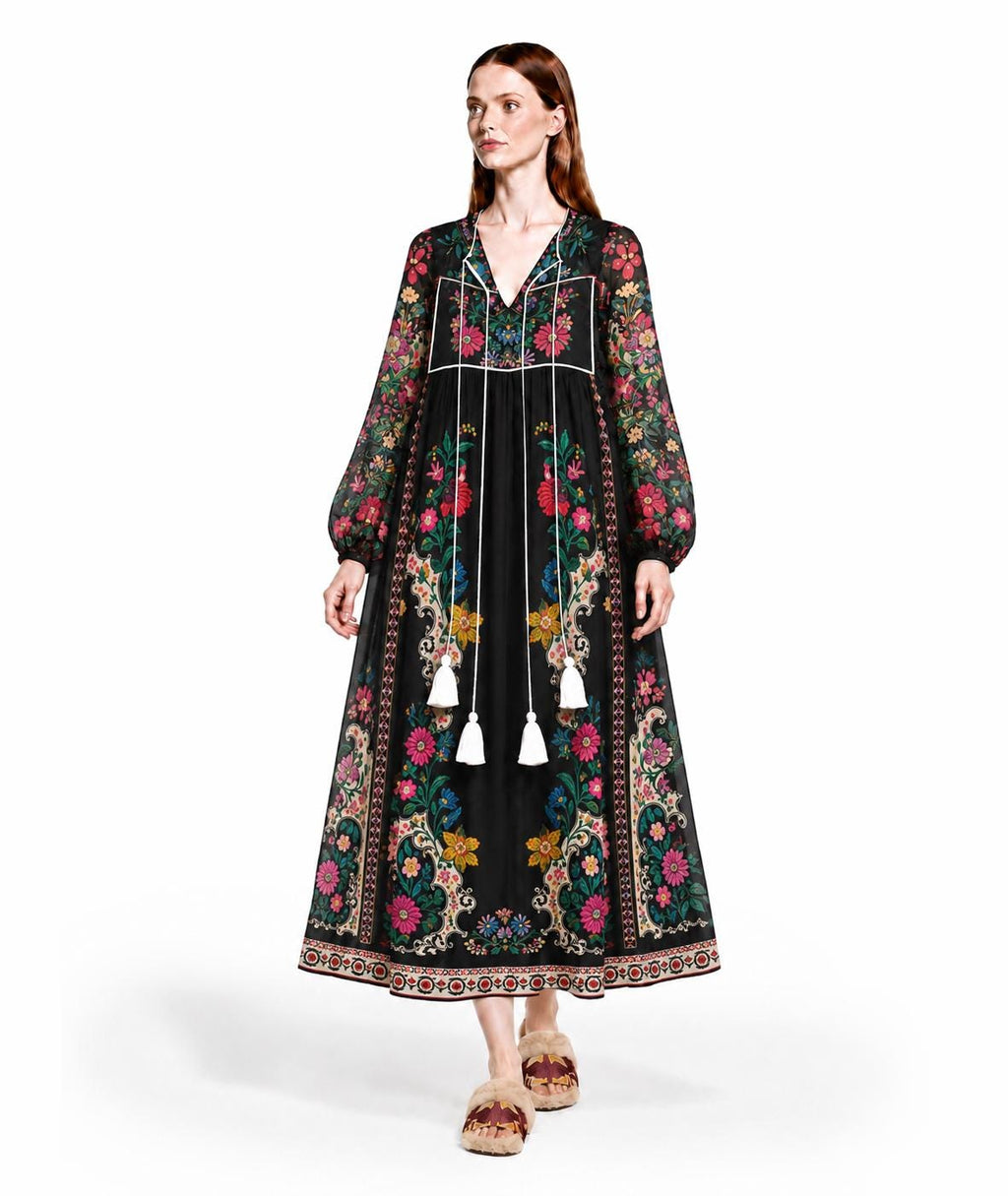 Black Floral Dress with Long Sleeves, Tassel Ties and Contrast Piping