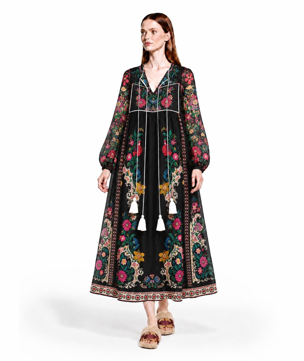 Black Floral Dress with Long Sleeves, Tassel Ties and Contrast Piping