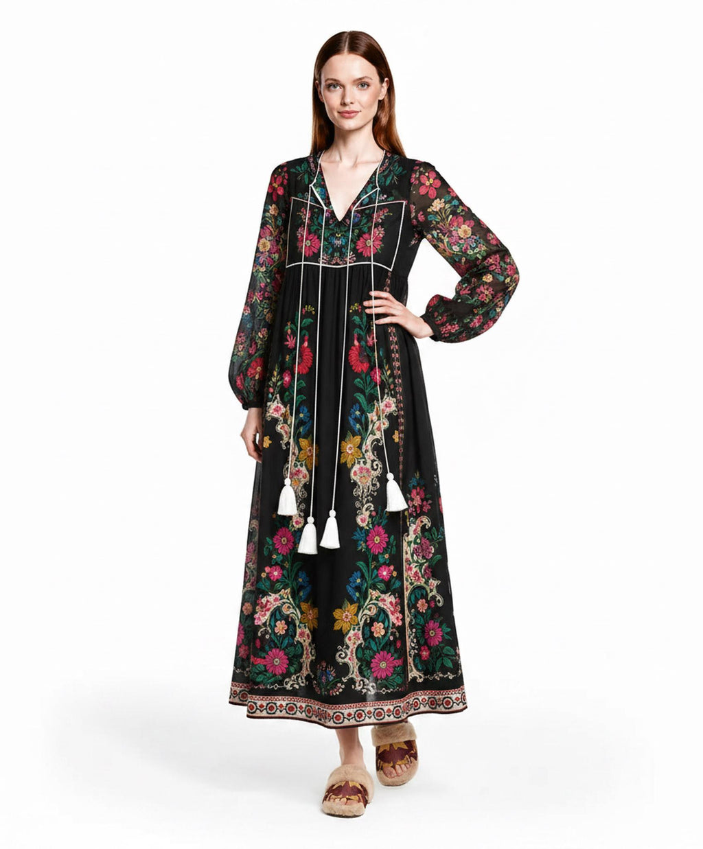 Black Floral Dress with Long Sleeves, Tassel Ties and Contrast Piping