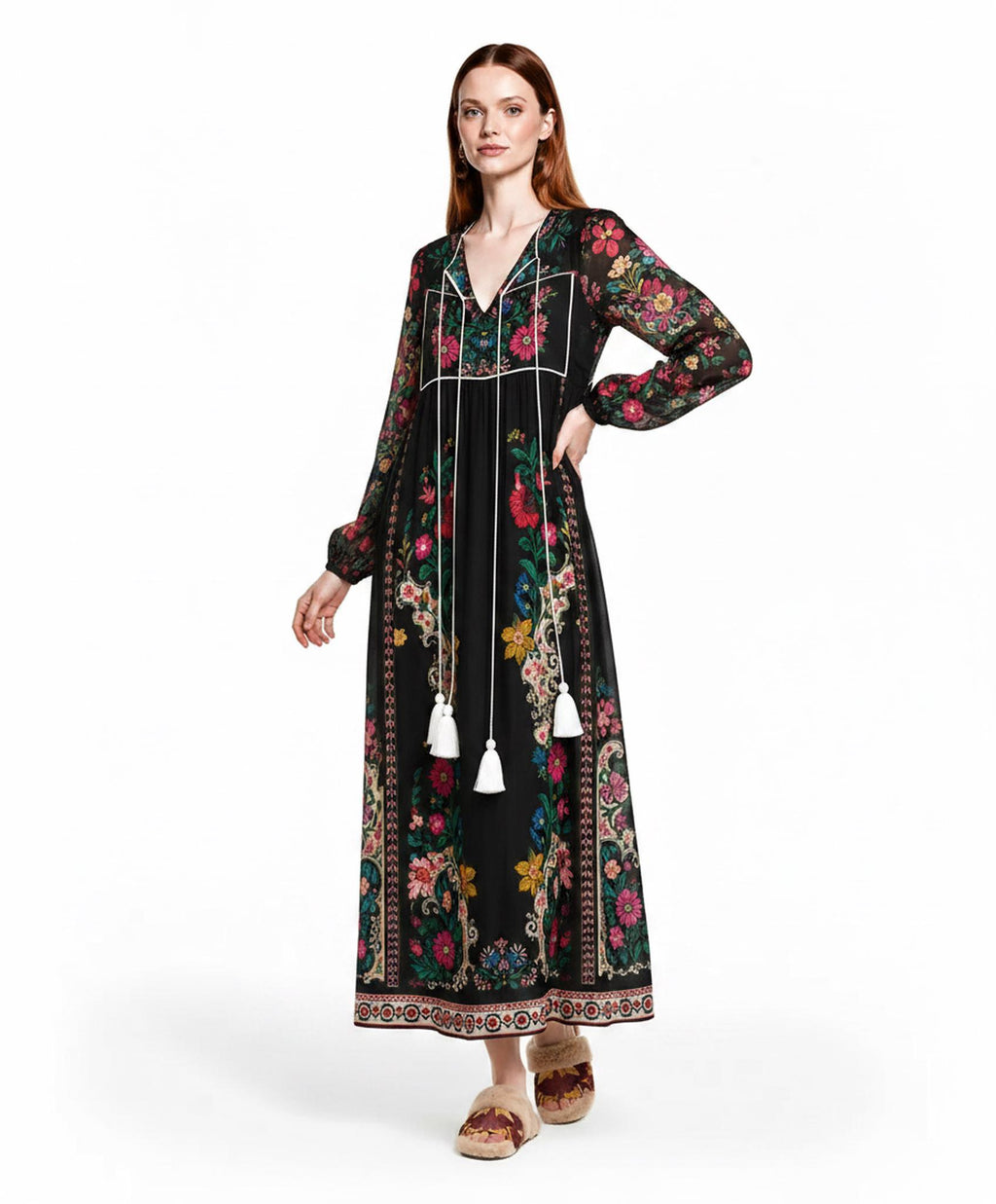 Black Floral Dress with Long Sleeves, Tassel Ties and Contrast Piping