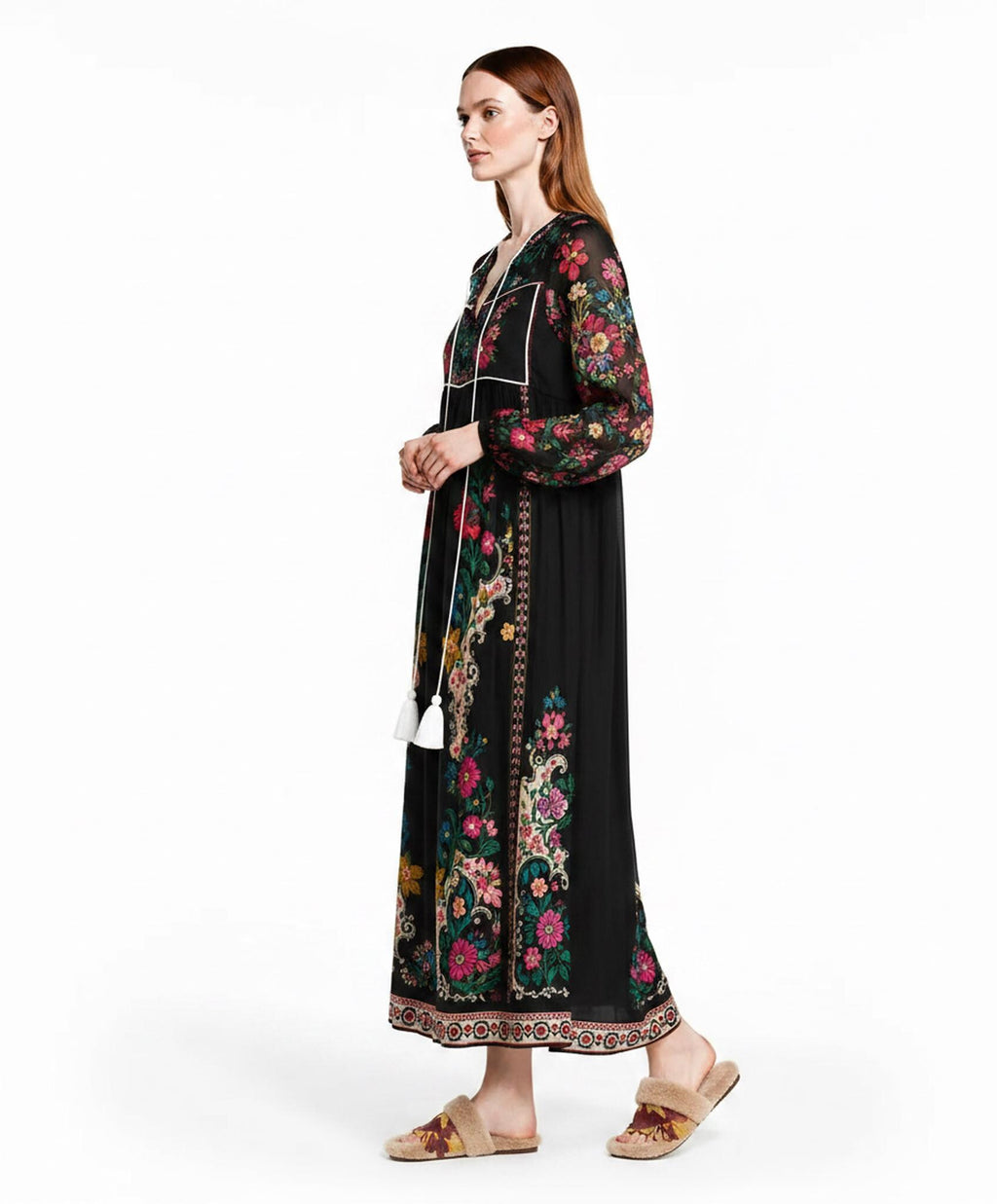 Black Floral Dress with Long Sleeves, Tassel Ties and Contrast Piping