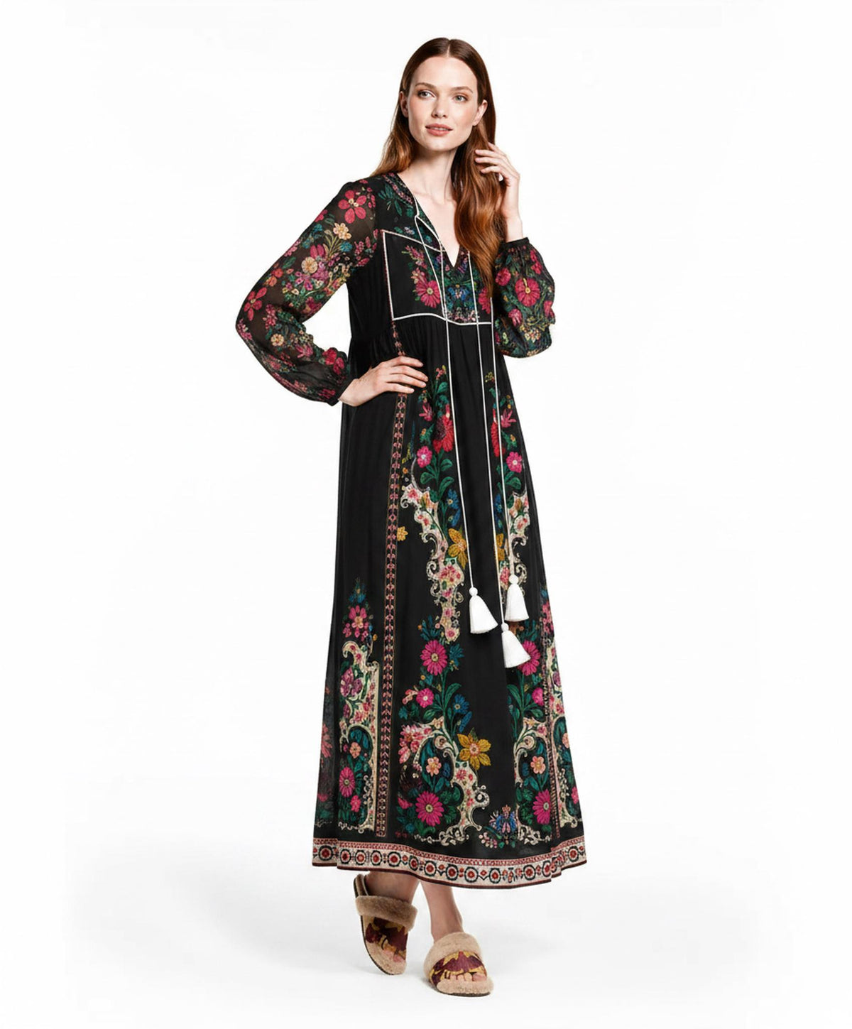 Black Floral Dress with Long Sleeves, Tassel Ties and Contrast Piping