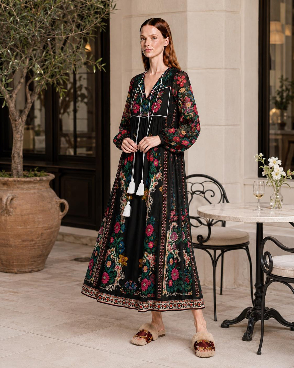 Black Floral Dress with Long Sleeves, Tassel Ties and Contrast Piping