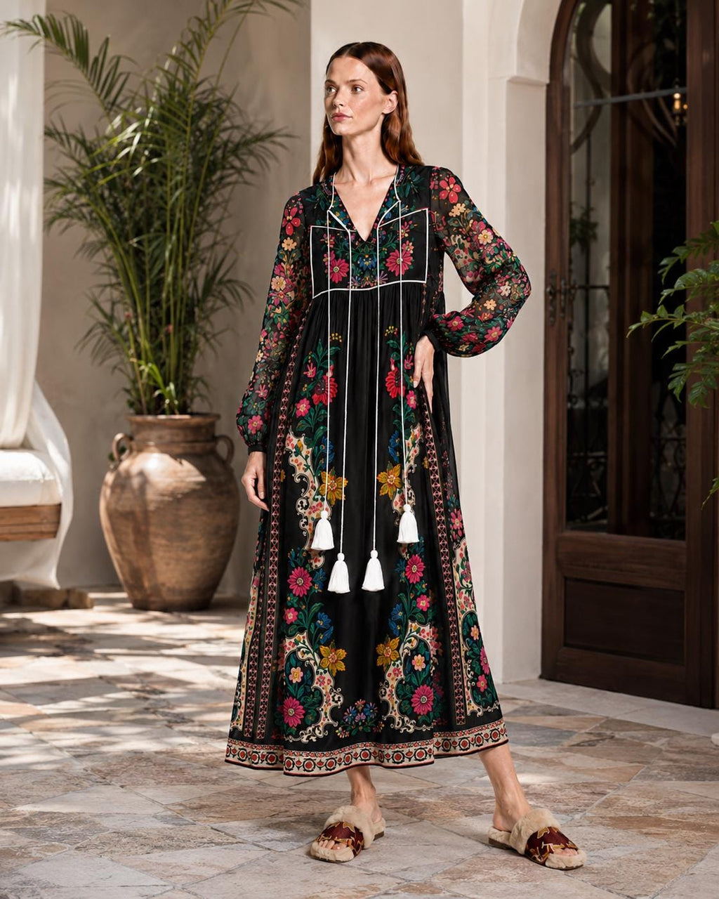 Black Floral Dress with Long Sleeves, Tassel Ties and Contrast Piping