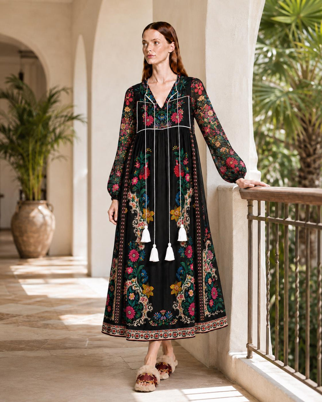 Black Floral Dress with Long Sleeves, Tassel Ties and Contrast Piping
