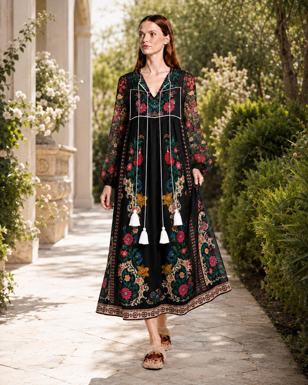 Black Floral Dress with Long Sleeves, Tassel Ties and Contrast Piping