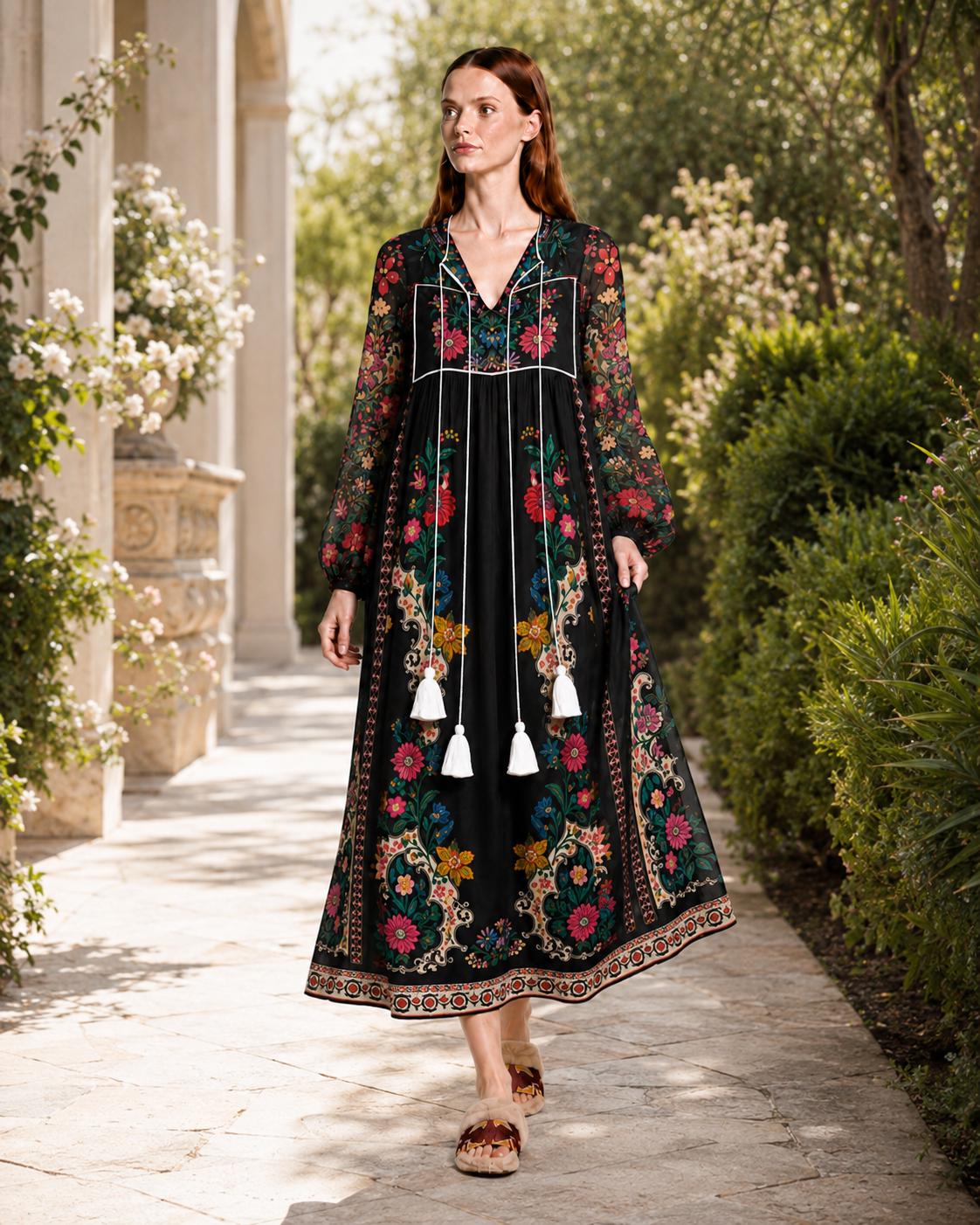 Black Floral Dress with Long Sleeves, Tassel Ties and Contrast Piping