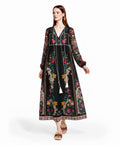 Black Floral Dress with Long Sleeves, Tassel Ties and Contrast Piping
