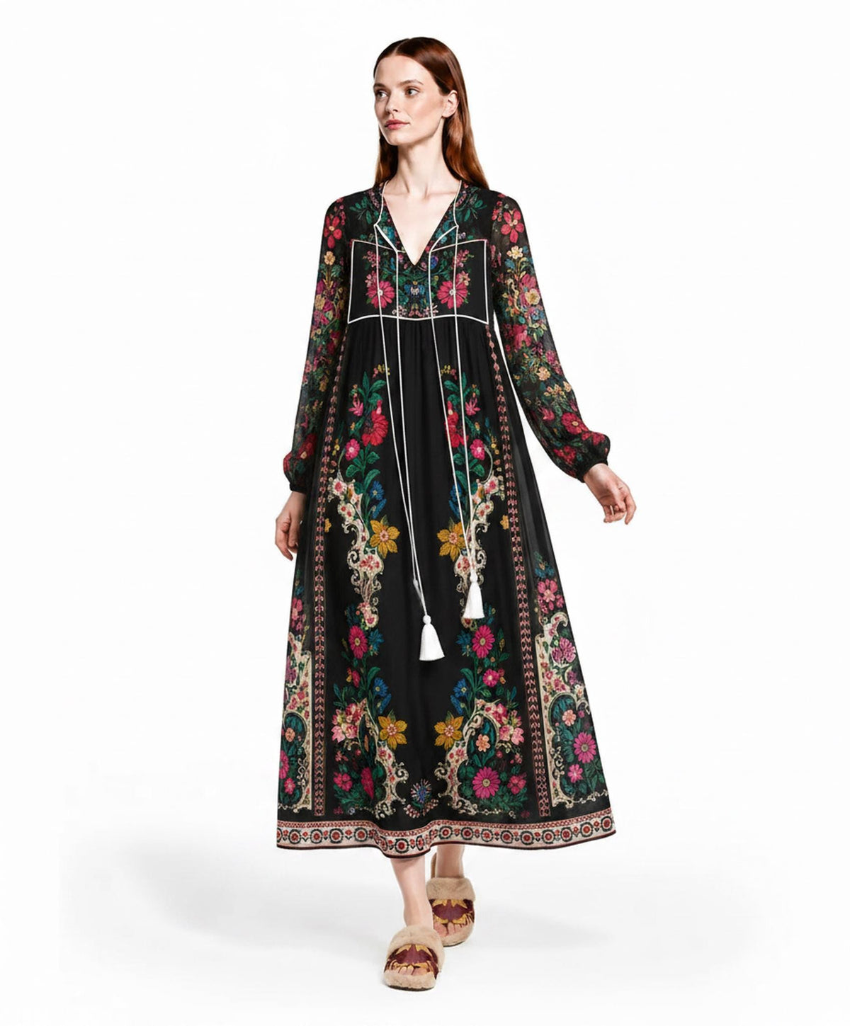 Black Floral Dress with Long Sleeves, Tassel Ties and Contrast Piping
