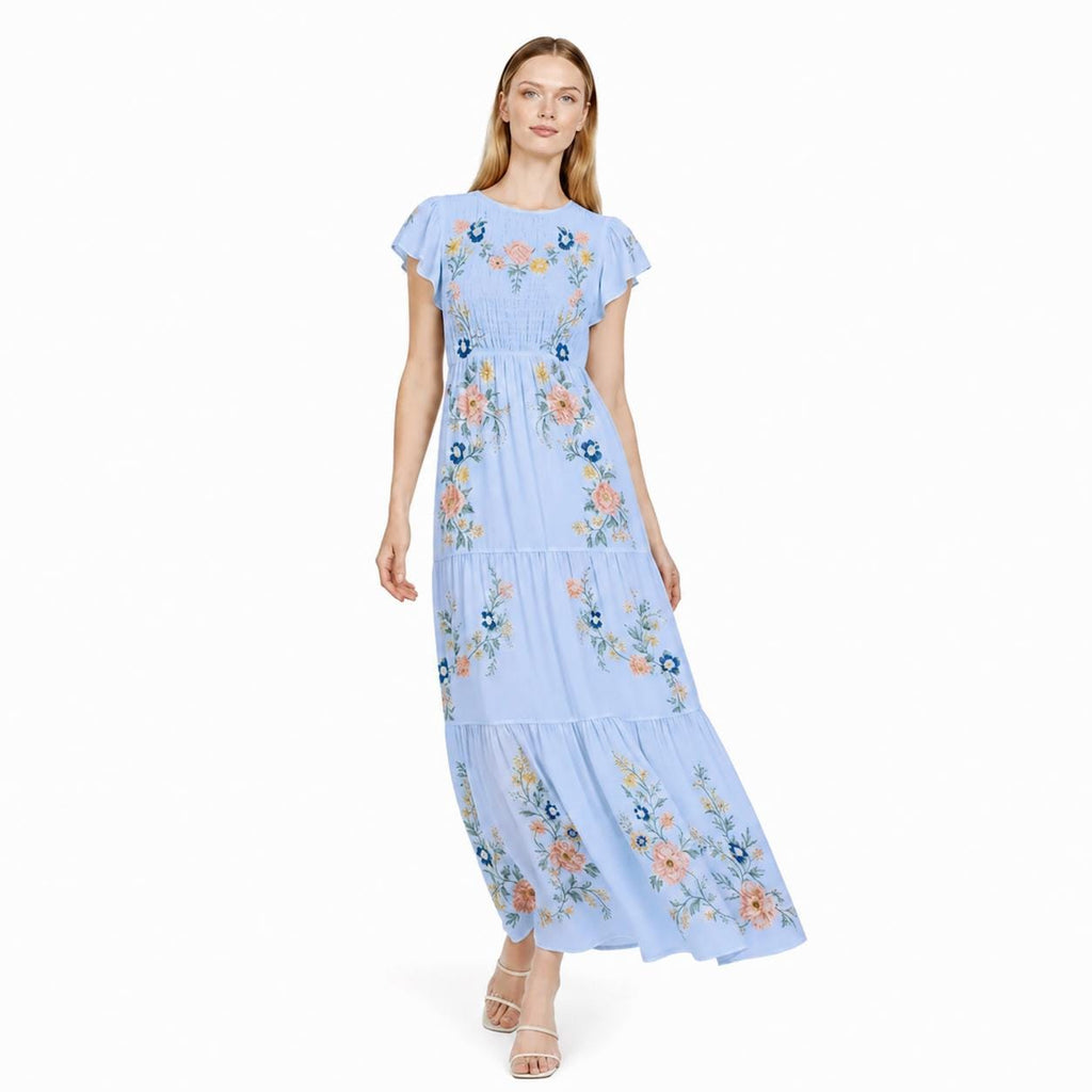 Sage Green Maxi Dress, Floral Tiered Dress with Flutter Sleeves, Romantic Garden Party Style