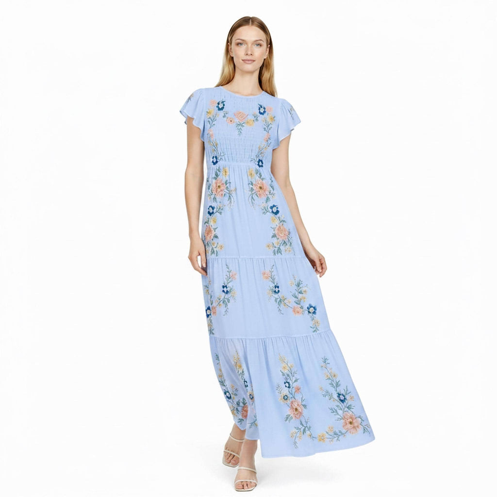 Sage Green Maxi Dress, Floral Tiered Dress with Flutter Sleeves, Romantic Garden Party Style