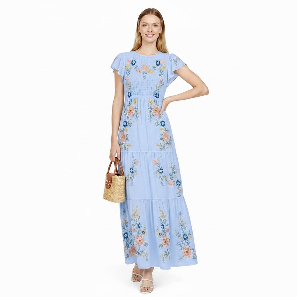 Sage Green Maxi Dress, Floral Tiered Dress with Flutter Sleeves, Romantic Garden Party Style