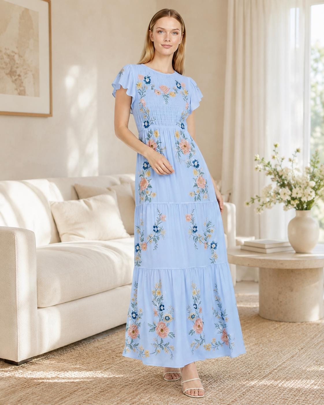 Sage Green Maxi Dress, Floral Tiered Dress with Flutter Sleeves, Romantic Garden Party Style