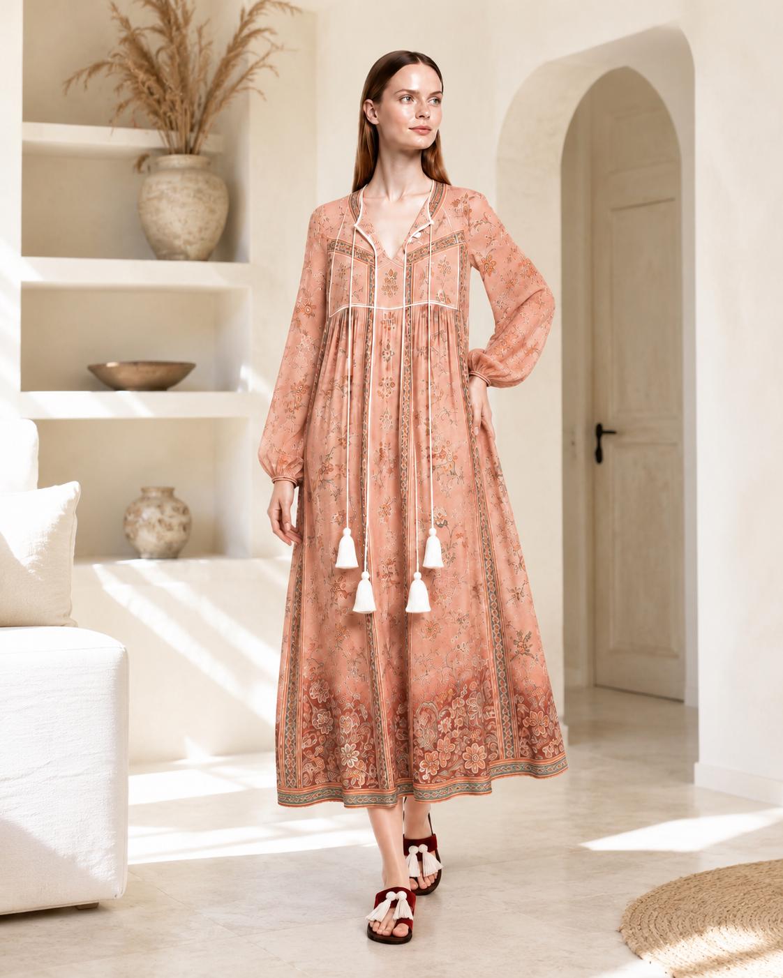 Peach Floral Maxi Dress with Long Sleeves, V-Neck and Border Print