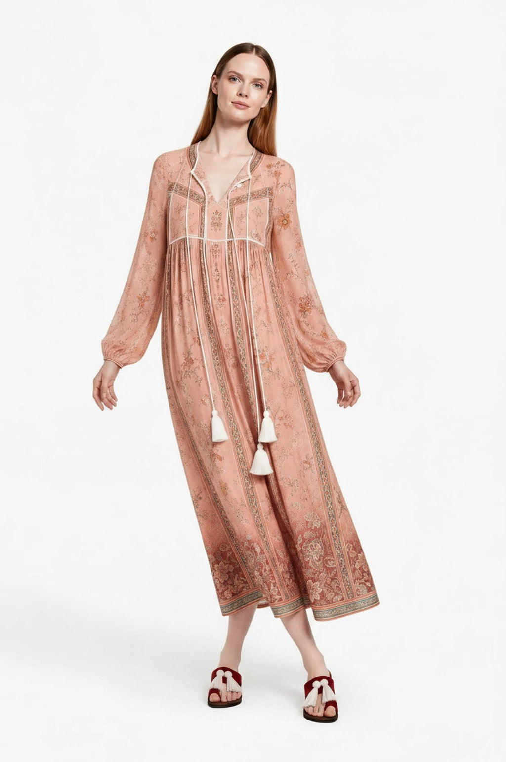 Peach Floral Maxi Dress with Long Sleeves, V-Neck and Border Print