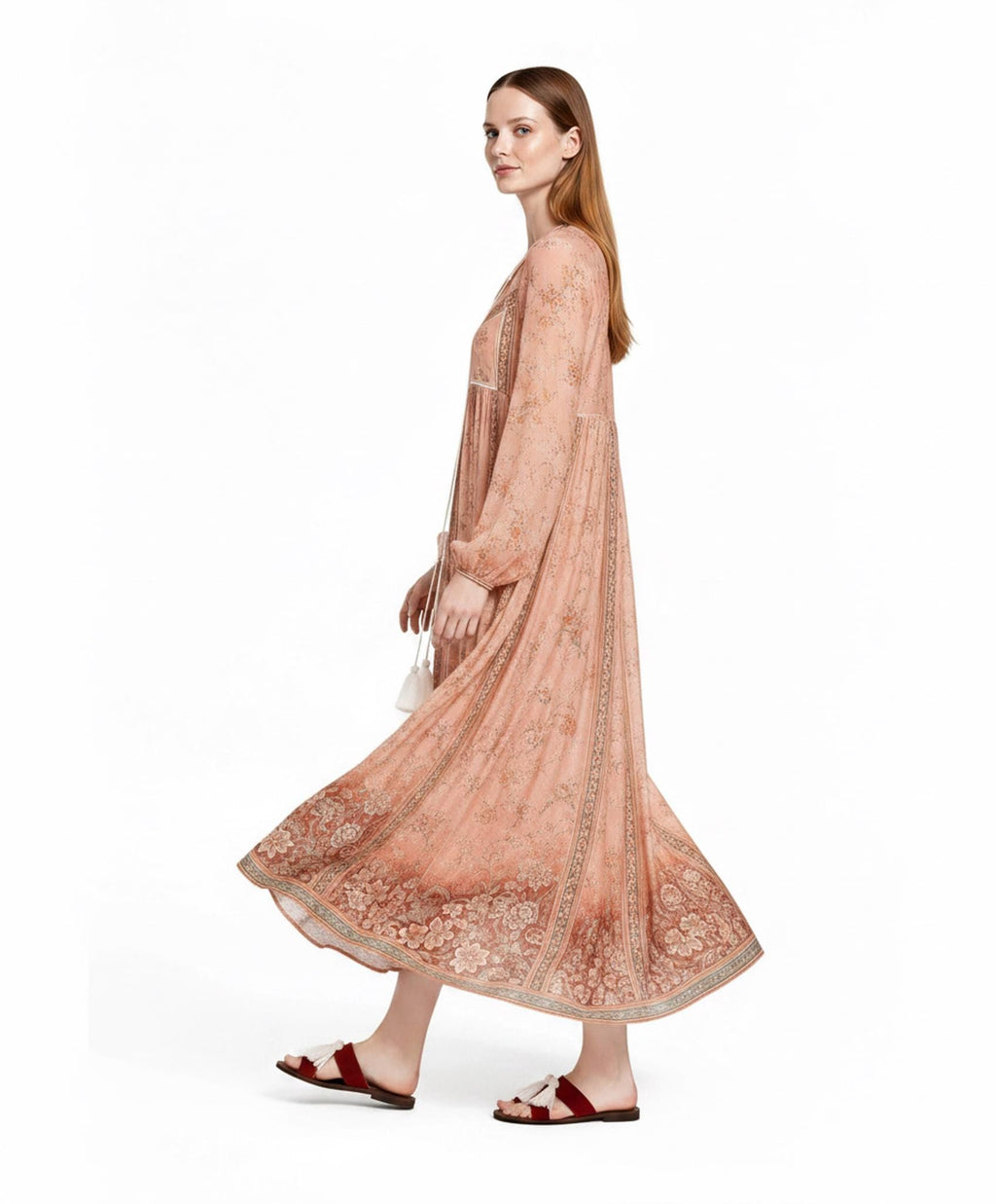 Peach Floral Maxi Dress with Long Sleeves, V-Neck and Border Print