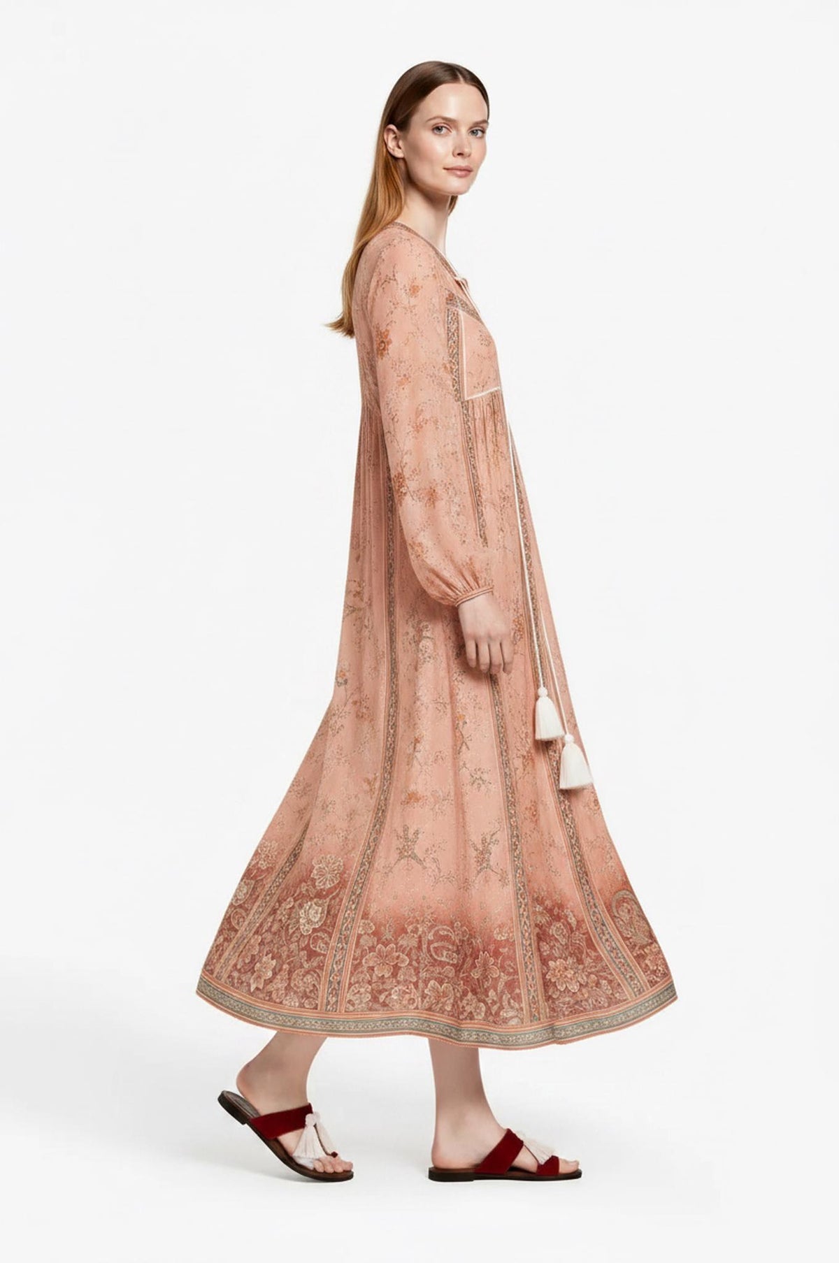 Peach Floral Maxi Dress with Long Sleeves, V-Neck and Border Print