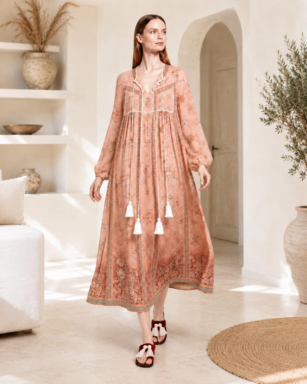 Peach Floral Maxi Dress with Long Sleeves, V-Neck and Border Print