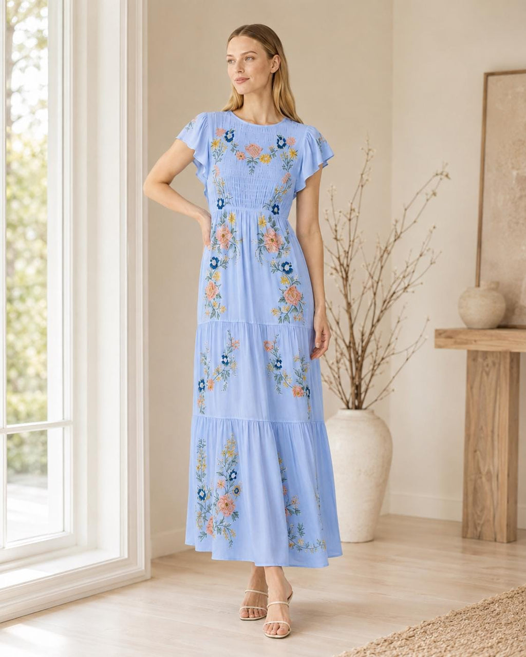 Sage Green Maxi Dress, Floral Tiered Dress with Flutter Sleeves, Romantic Garden Party Style