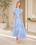 Sage Green Maxi Dress, Floral Tiered Dress with Flutter Sleeves, Romantic Garden Party Style