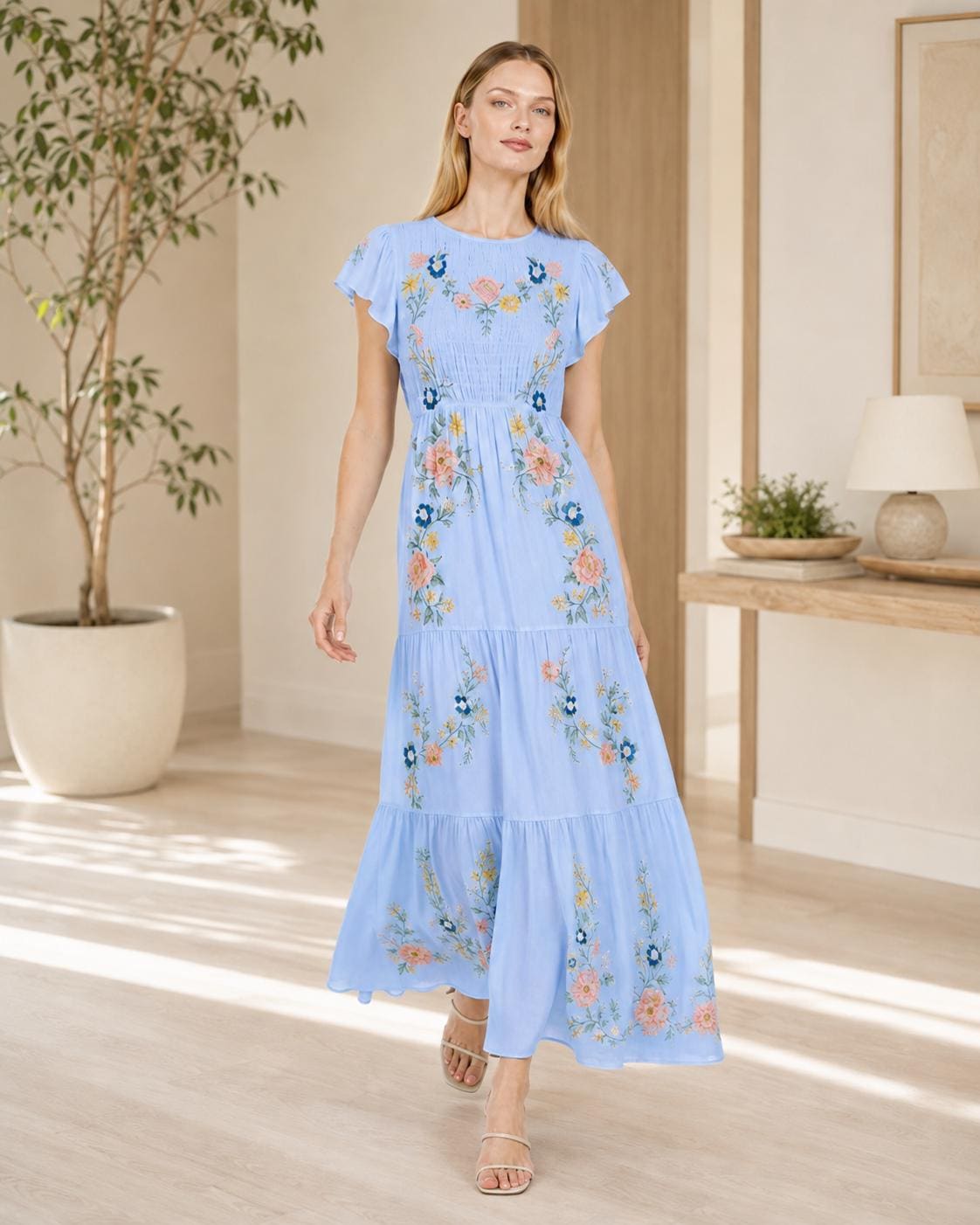 Sage Green Maxi Dress, Floral Tiered Dress with Flutter Sleeves, Romantic Garden Party Style