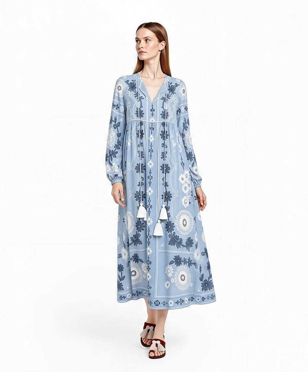 Light Blue Floral Chiffon Maxi Dress, Long Sleeve Tassel Tie Resort Wear