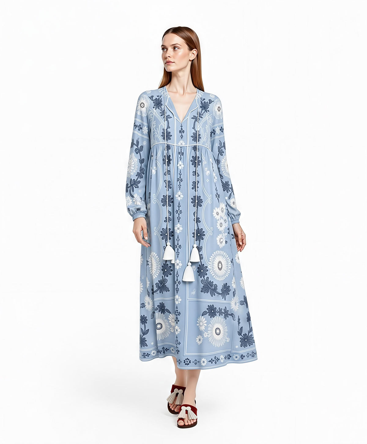 Light Blue Floral Chiffon Maxi Dress, Long Sleeve Tassel Tie Resort Wear