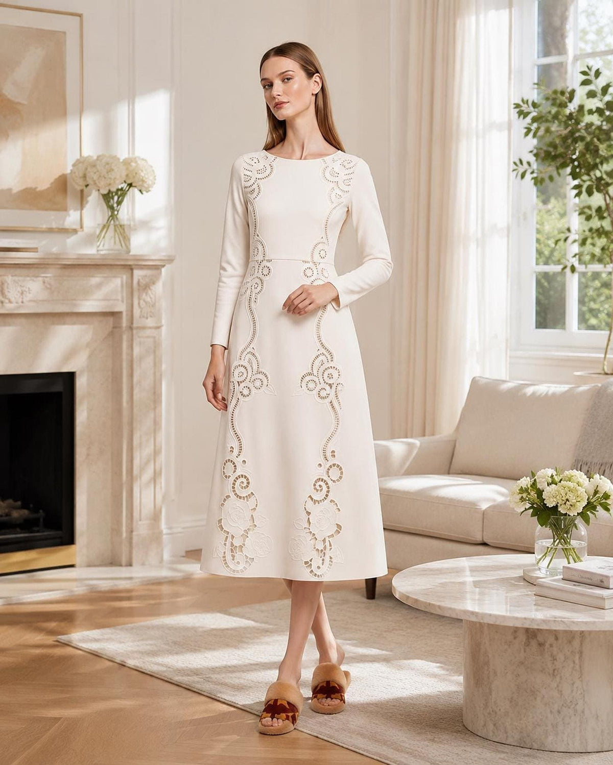 A standing model wearing a long-sleeved ivory midi dress with intricate eyelet cutouts and embroidery, paired with fuzzy slippers.
