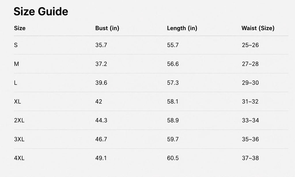 A size guide table listing measurements in inches for sizes small through four extra large, including bust, length, and waist dimensions.