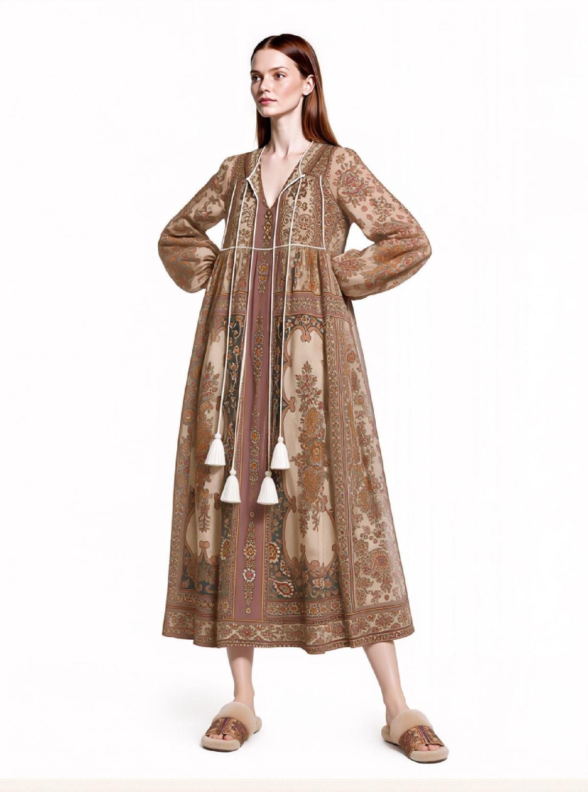 Brown Floral Chiffon Maxi Dress, Long Sleeves and Tassel Tie