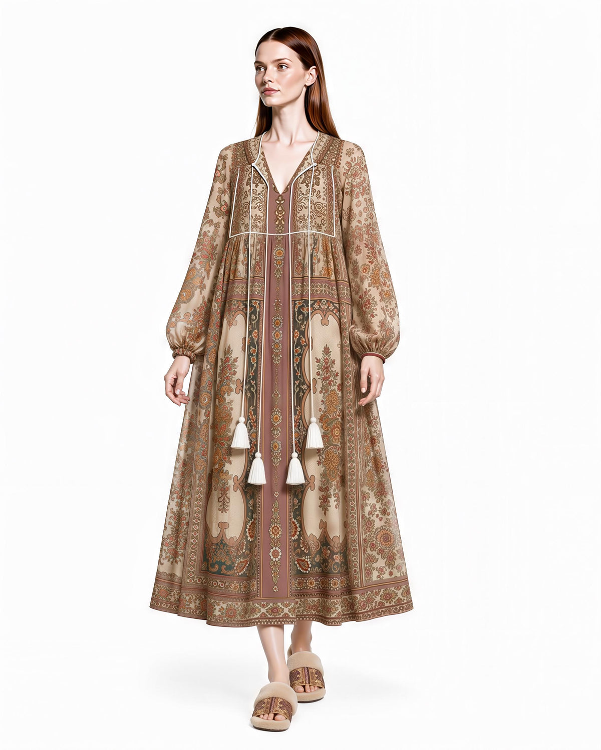 Brown Floral Chiffon Maxi Dress, Long Sleeves and Tassel Tie