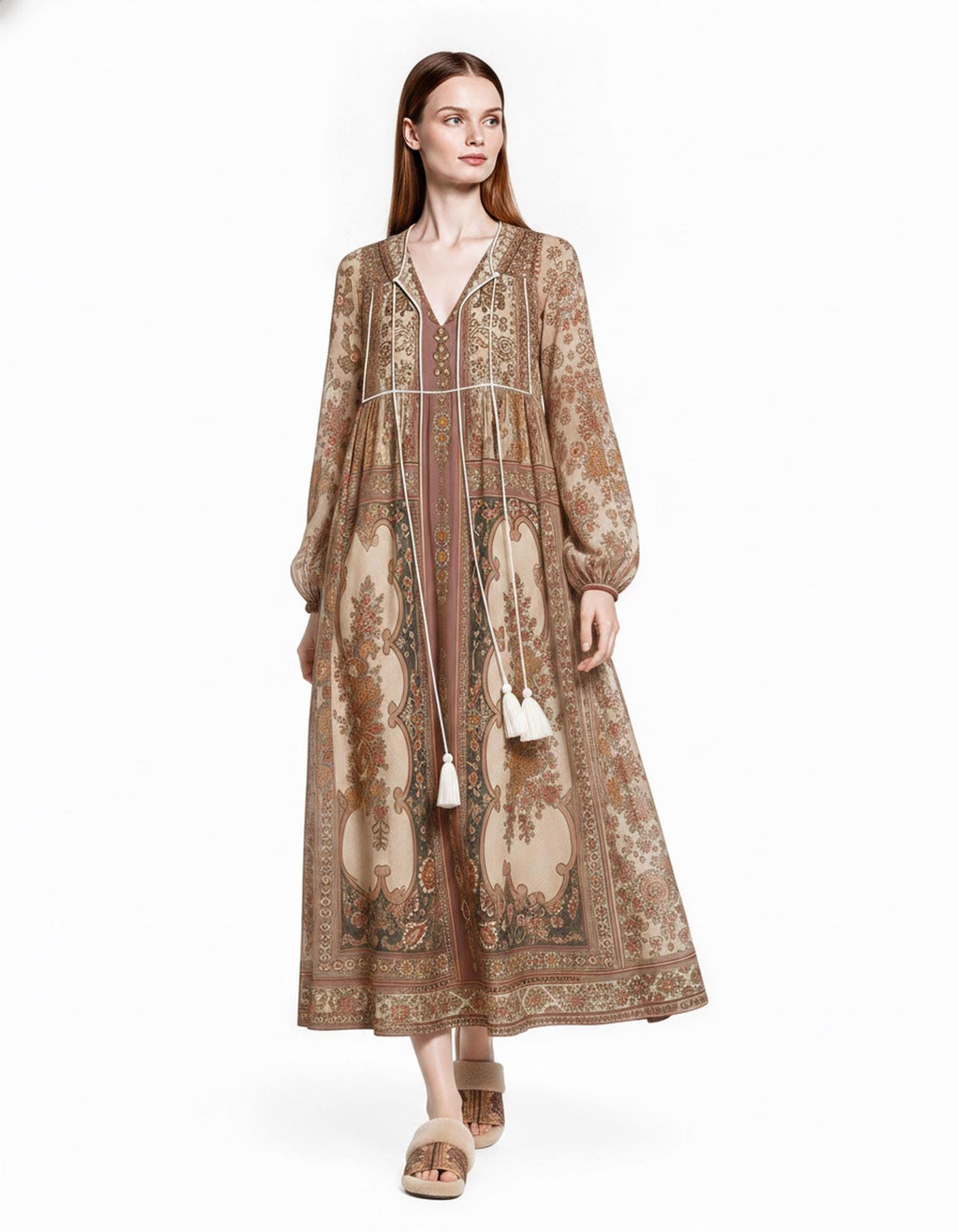 Brown Floral Chiffon Maxi Dress, Long Sleeves and Tassel Tie