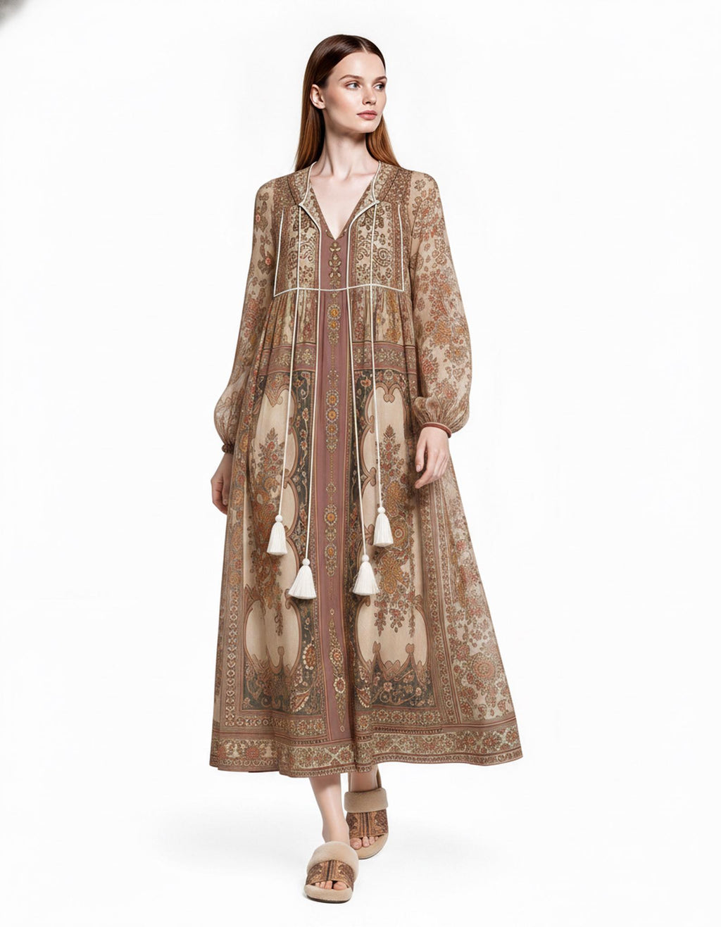 Brown Floral Chiffon Maxi Dress, Long Sleeves and Tassel Tie