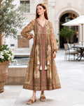 Brown Floral Chiffon Maxi Dress, Long Sleeves and Tassel Tie