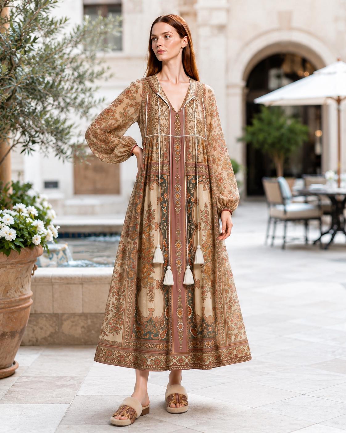 Brown Floral Chiffon Maxi Dress, Long Sleeves and Tassel Tie