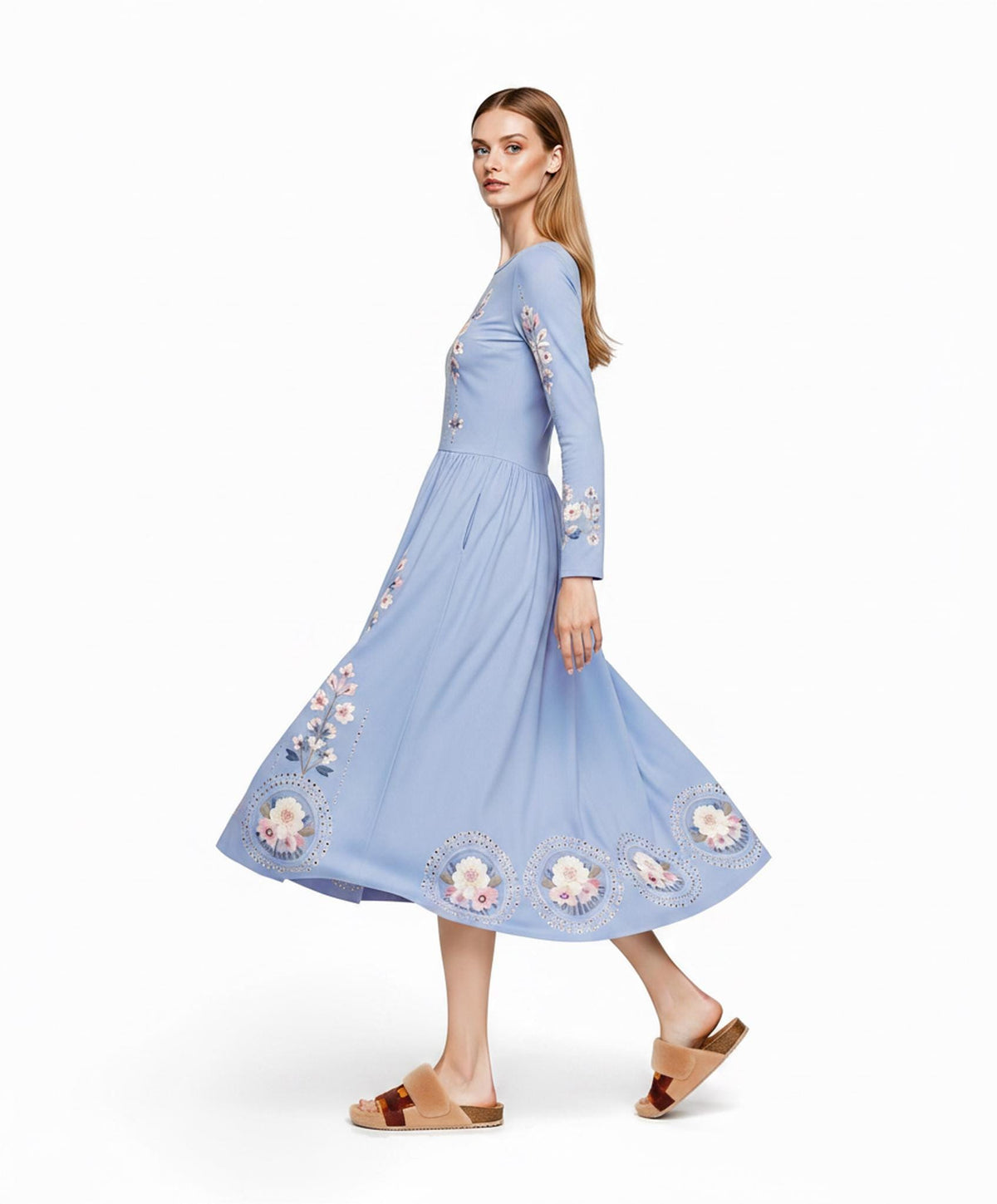 Blue Floral Midi Dress, Long Sleeve A-Line Dress with Pockets, Romantic Cottagecore Style