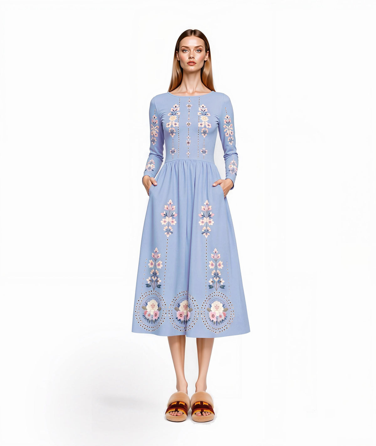 Blue Floral Midi Dress, Long Sleeve A-Line Dress with Pockets, Romantic Cottagecore Style