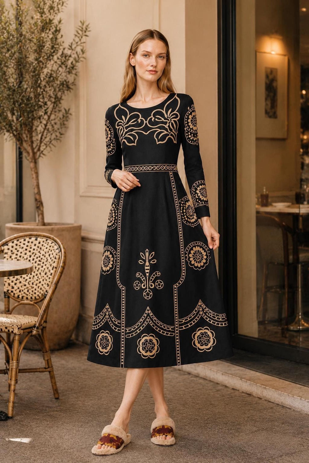 A model stands on an outdoor stone patio next to an olive tree, wearing the black and beige patterned dress.